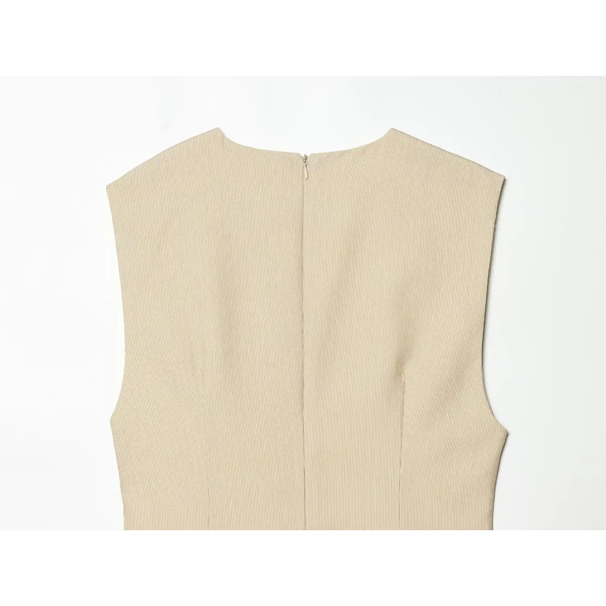 Full back view of the beige fine-striped dress, showing the center back zipper and clean lines