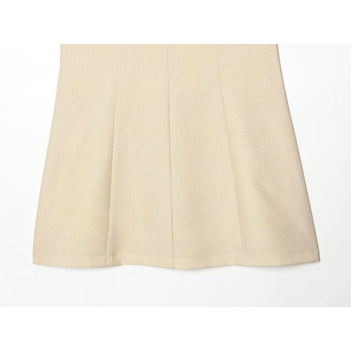 Bottom hem view of the beige fine-striped dress, showing the flared skirt and panel stitching