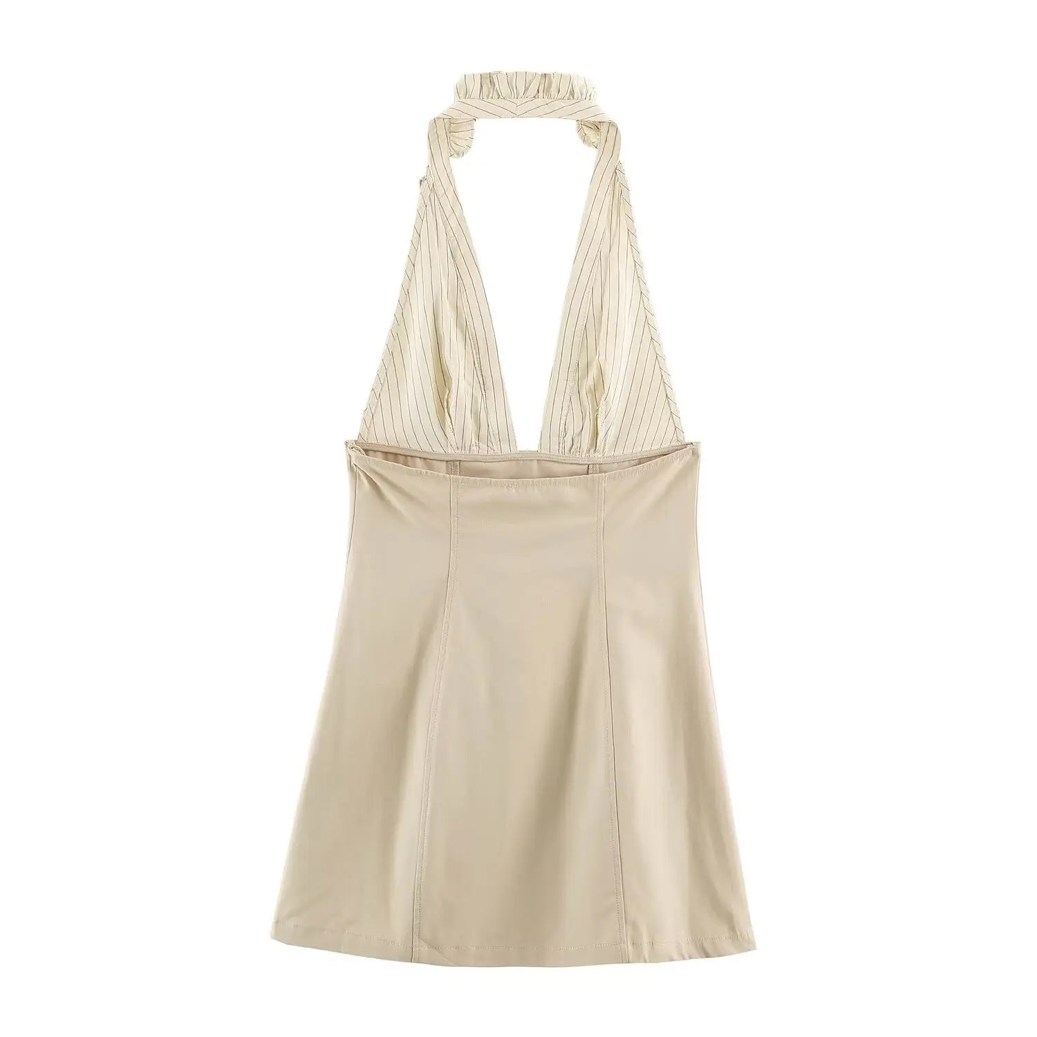 Back view isolated on white background, beige halter striped mini dress