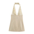 Front view isolated on white background, beige ruffle halter deep V mini dress
