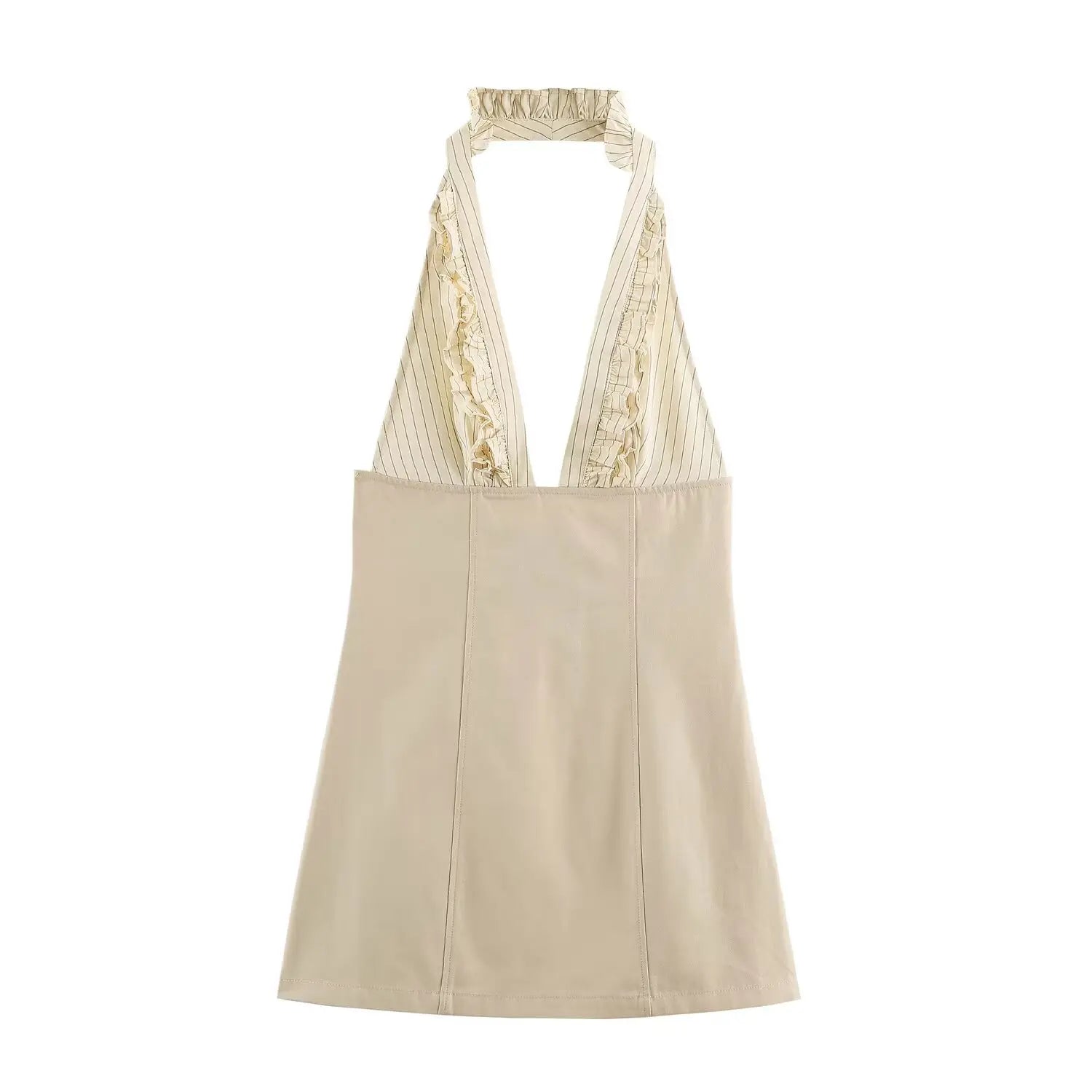 Front view isolated on white background, beige ruffle halter deep V mini dress
