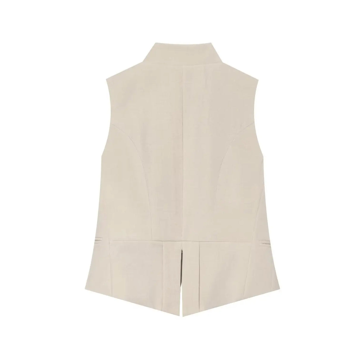 Flat‑lay back view beige tailored waistcoat with back center slit detail
