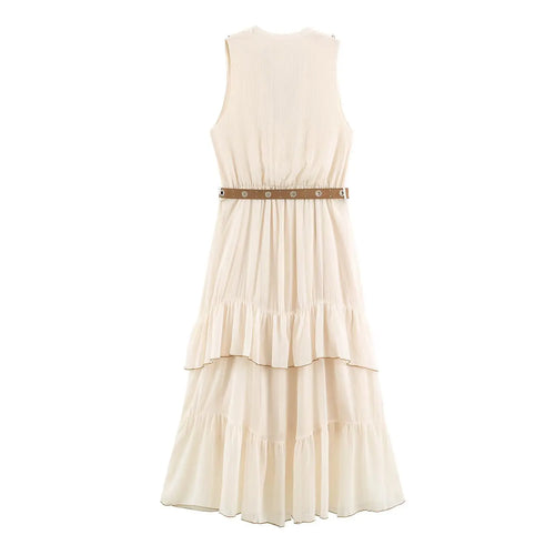 Back flat shot beige sleeveless boho tiered long dress matching waist belt