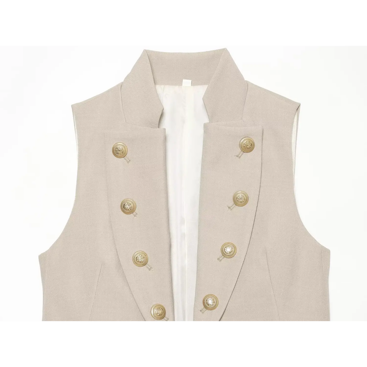 Close‑up of lapel and double‑breasted embossed gold decorative buttons