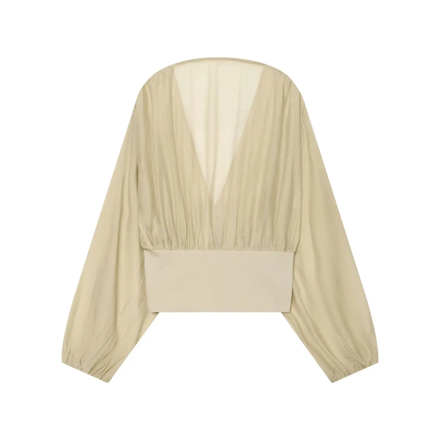 Flat lay back view beige deep v neck corset crop top, gathered long balloon sleeves