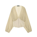 Flat lay front view beige v‑neck corset crop top, balloon long sleeve, hook‑and‑eye front closure