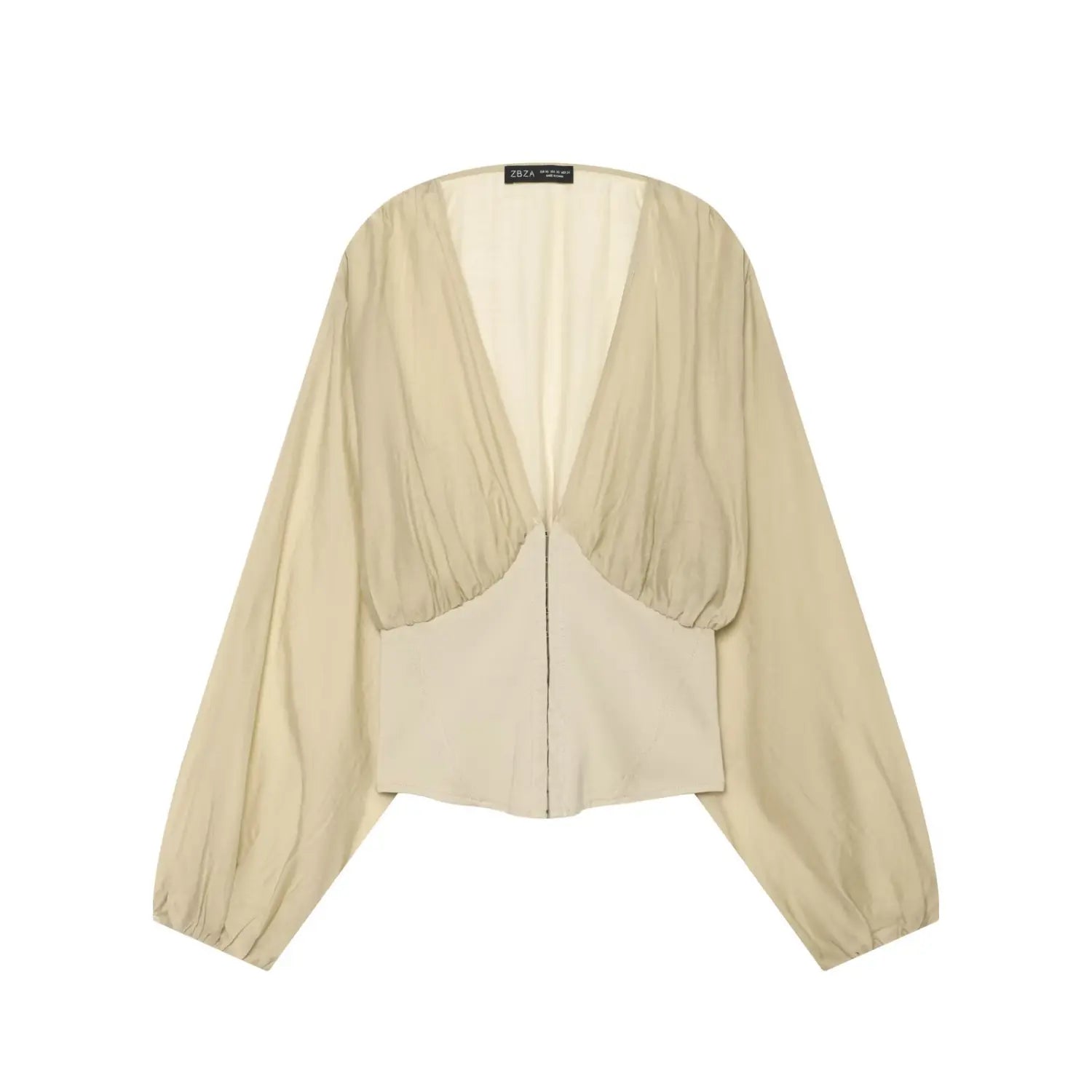 Flat lay front view beige v‑neck corset crop top, balloon long sleeve, hook‑and‑eye front closure