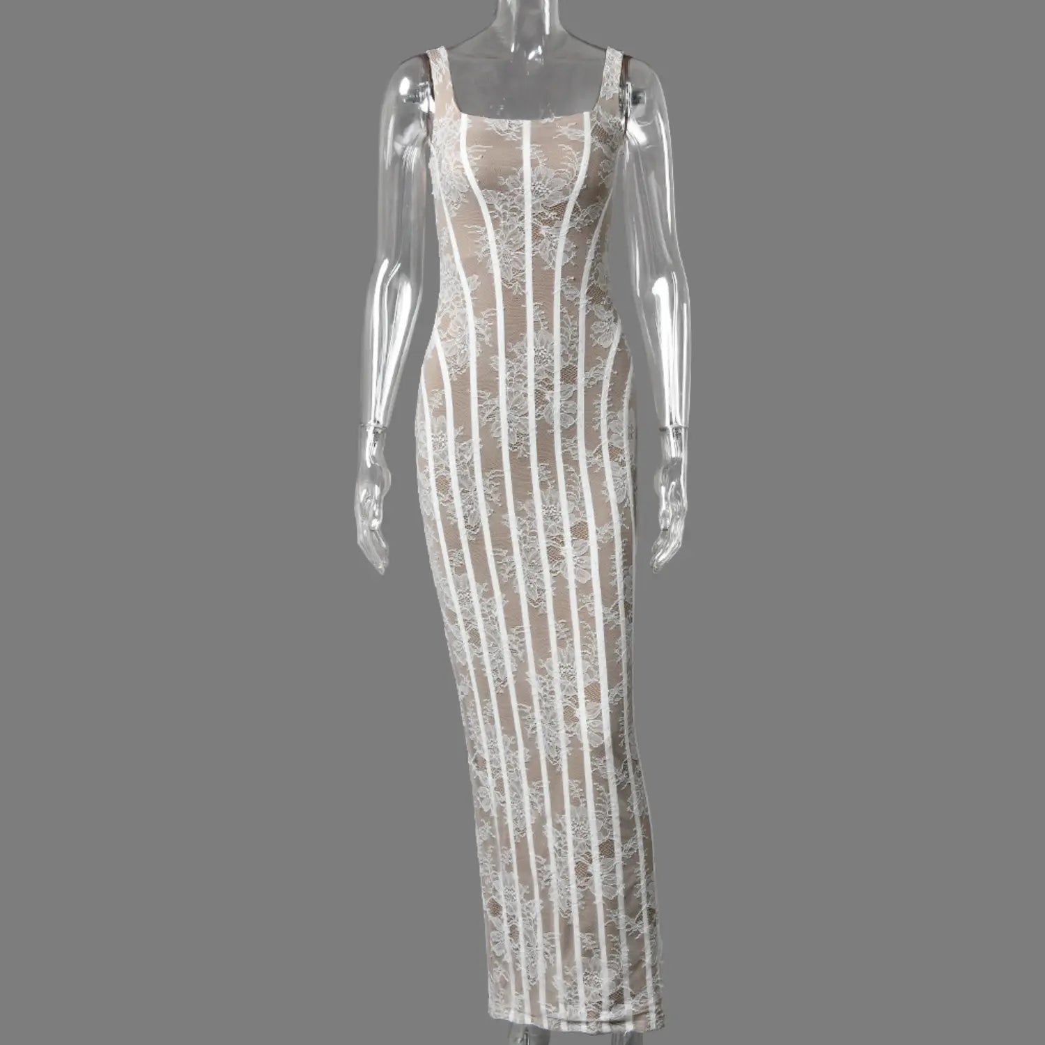Full front view on clear mannequin beige base white floral lace corset cami maxi bodycon dress