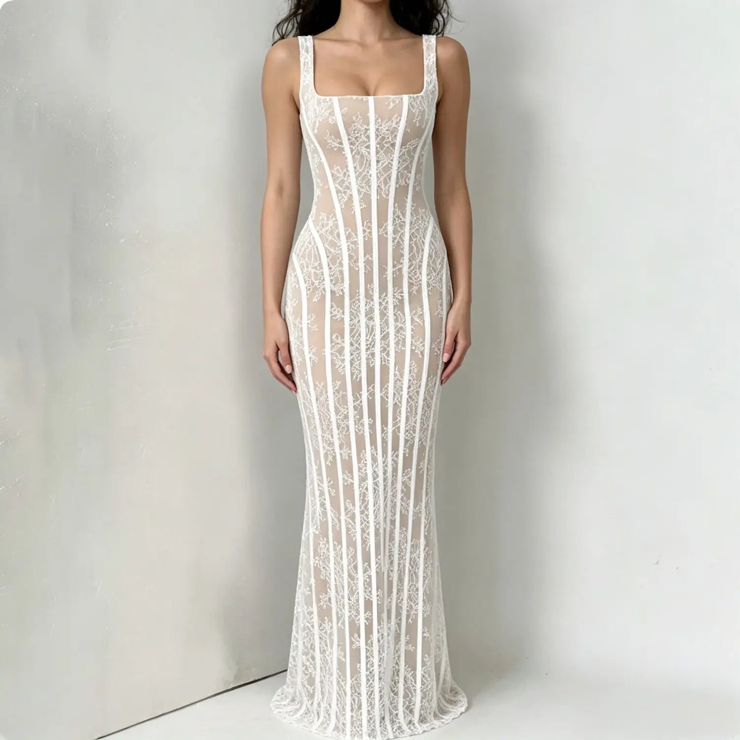 beige-white-floral-lace-corset-maxi-dress-model-full-front | Studio model full front view square neck adjustable strap white floral lace corset maxi bodycon dress