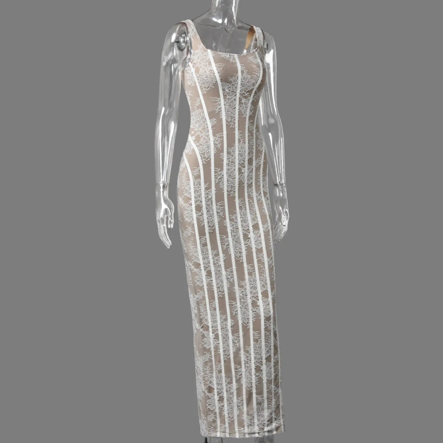 Three‑quarter side shot clear mannequin beige white floral lace corset maxi dress
