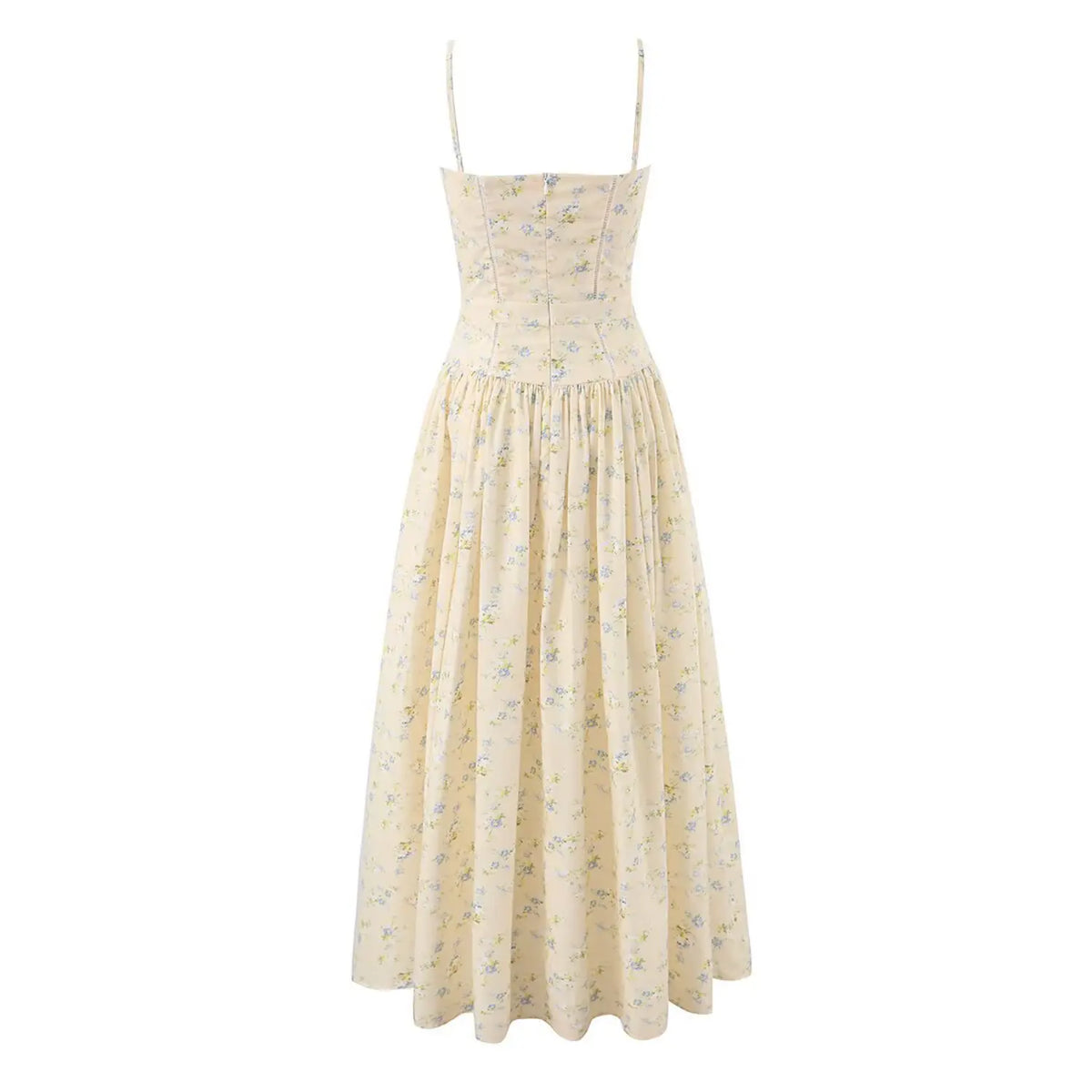 Back full view of beige floral cami maxi dress