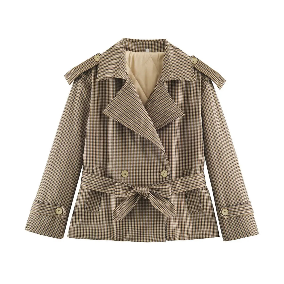 Gingham cropped trench jacket, front flat lay with quilted lining