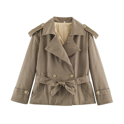 Gingham cropped trench jacket, front flat lay with quilted lining