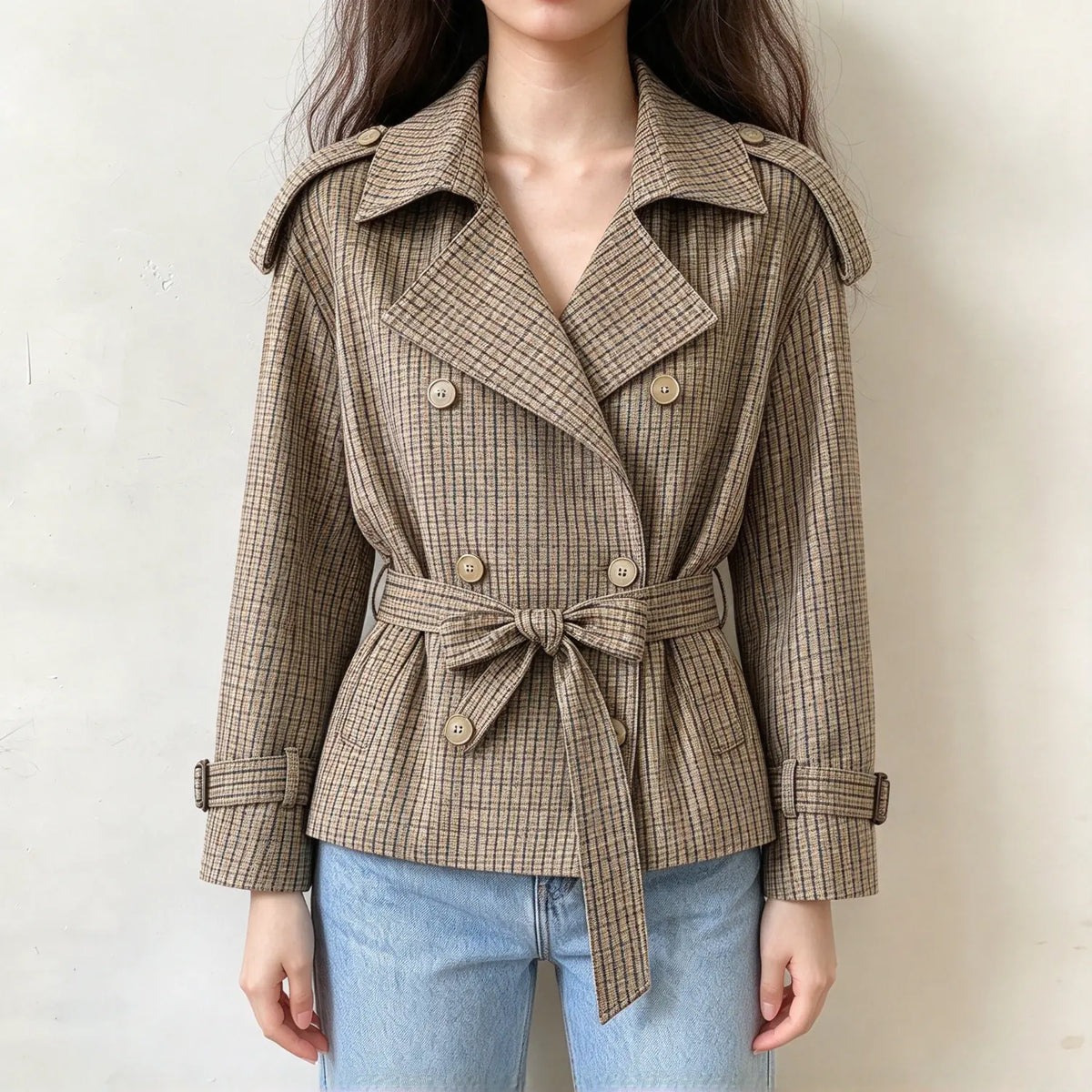 Model wearing gingham double breasted cropped trench jacket, front view