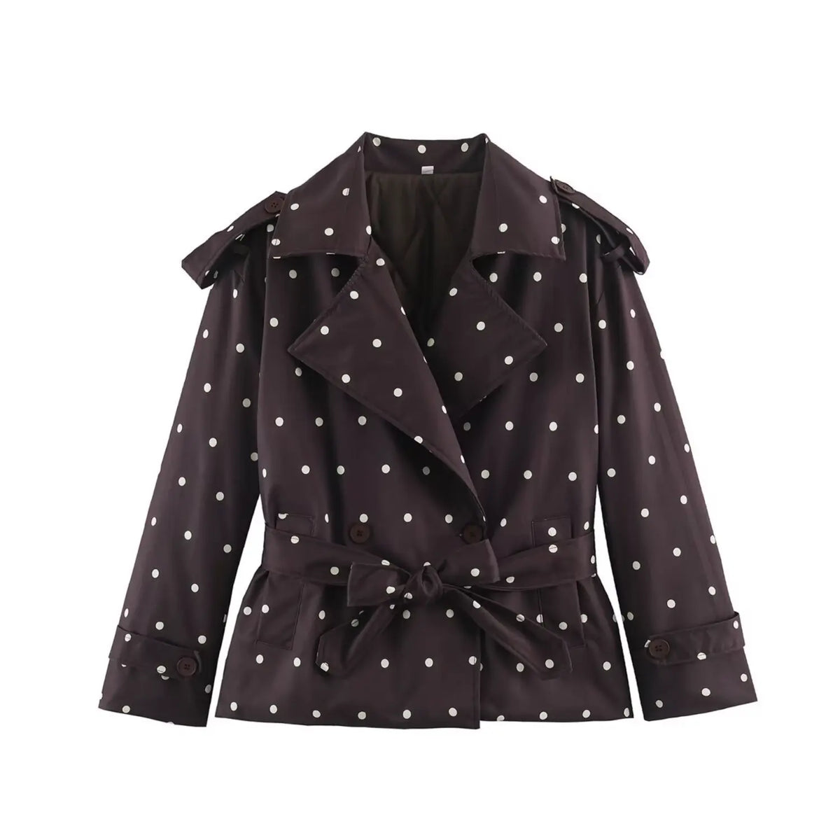 Polka dot double breasted cropped trench jacket, front flat lay