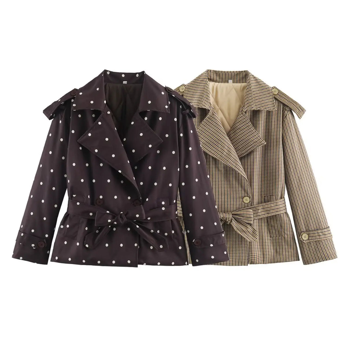 Polka dot and gingham cropped trench jackets side by side