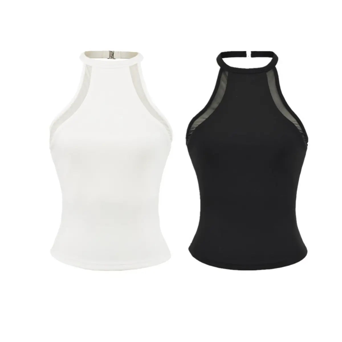 Flat lay view of black and white halter-neck tops, showing the mesh side panels and adjustable back clasp.