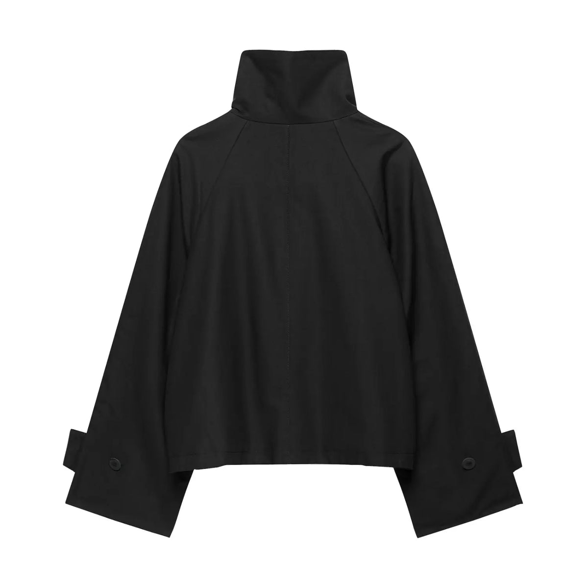 Back view of black short jacket, raglan seam detailing, loose cropped silhouette