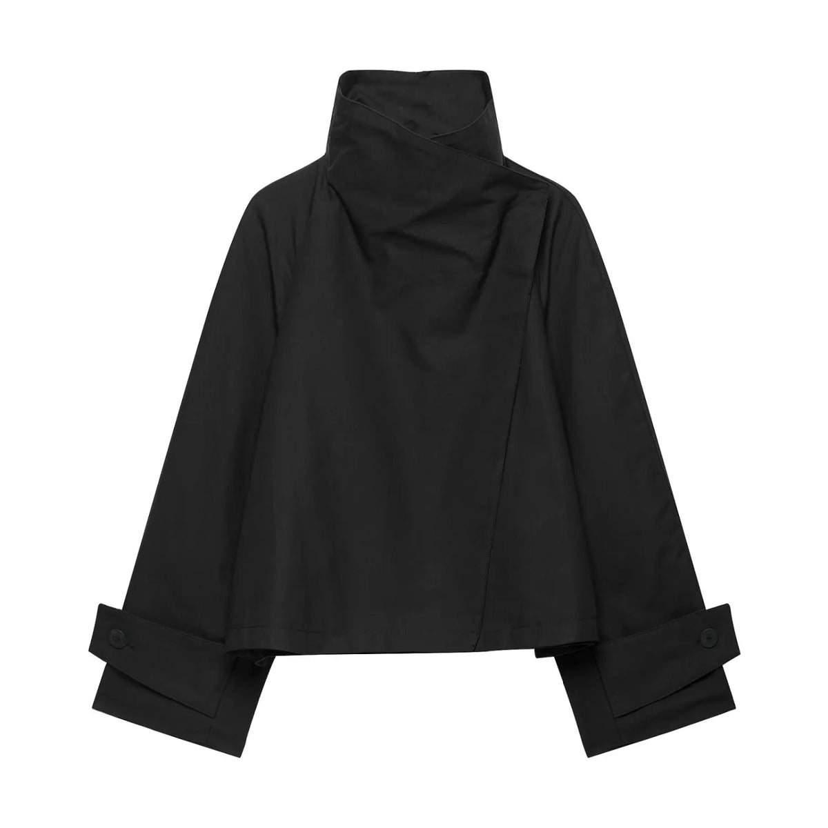 Front view of black women cropped jacket, irregular wrap high neck, raglan sleeve, button cuff