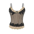 Black camisole with heart-patterned mesh, black lace trim, and a beige underlayer.