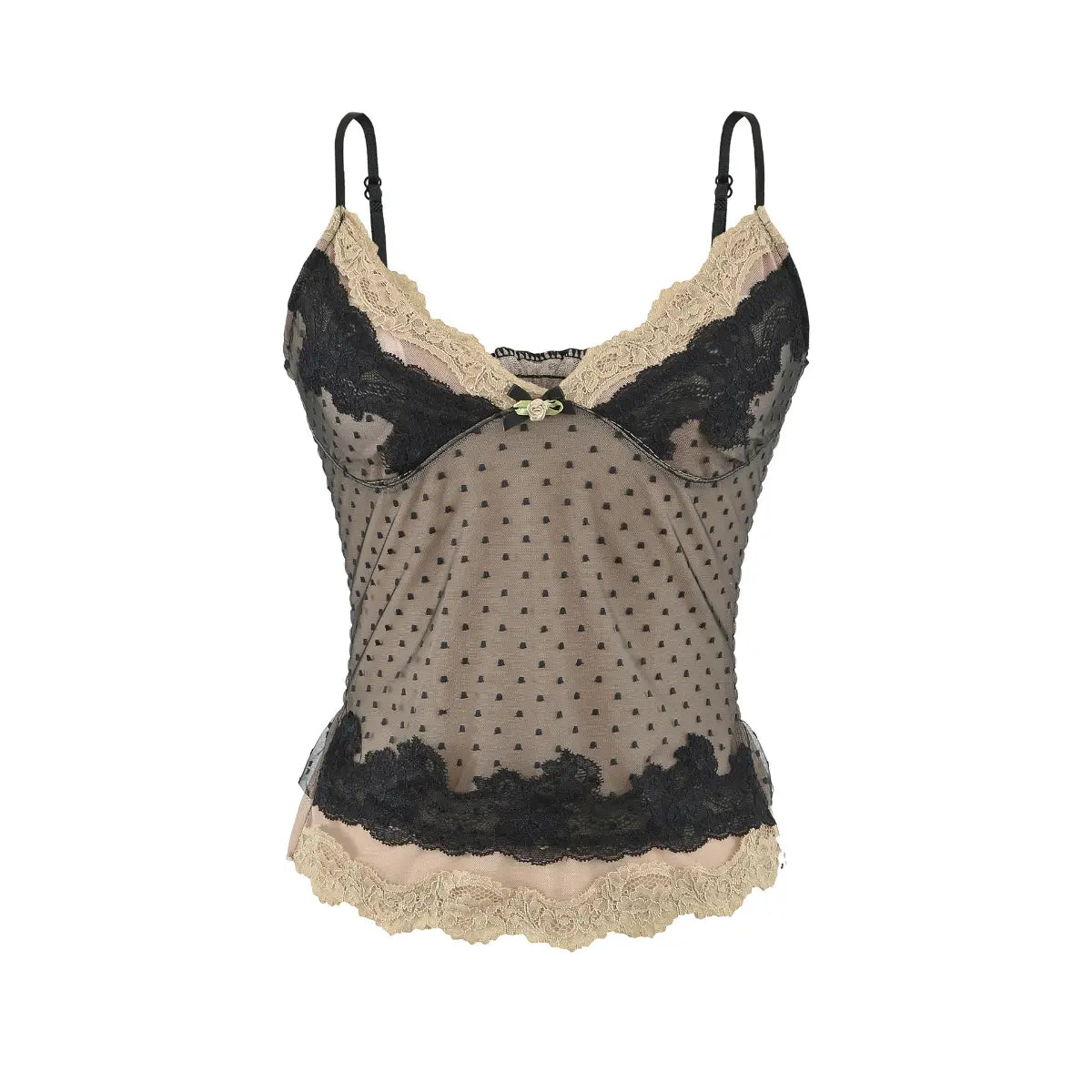 Black camisole with heart-patterned mesh, black lace trim, and a beige underlayer.