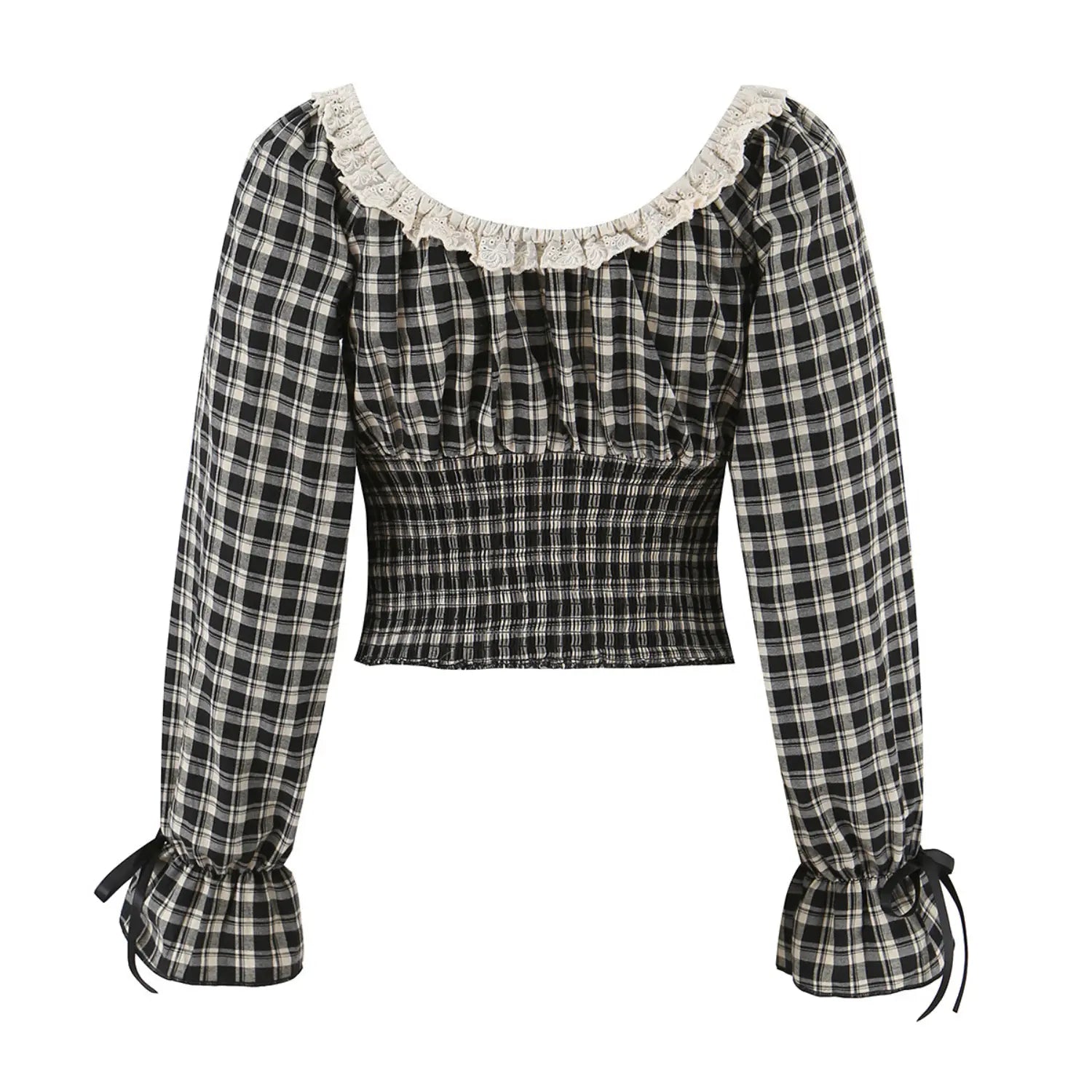 Full back flat lay vintage plaid cropped long sleeve top, full elastic smocked waist, elastic lace square neck, flare cuffs with black ribbon bows, slim fitted back silhouette
