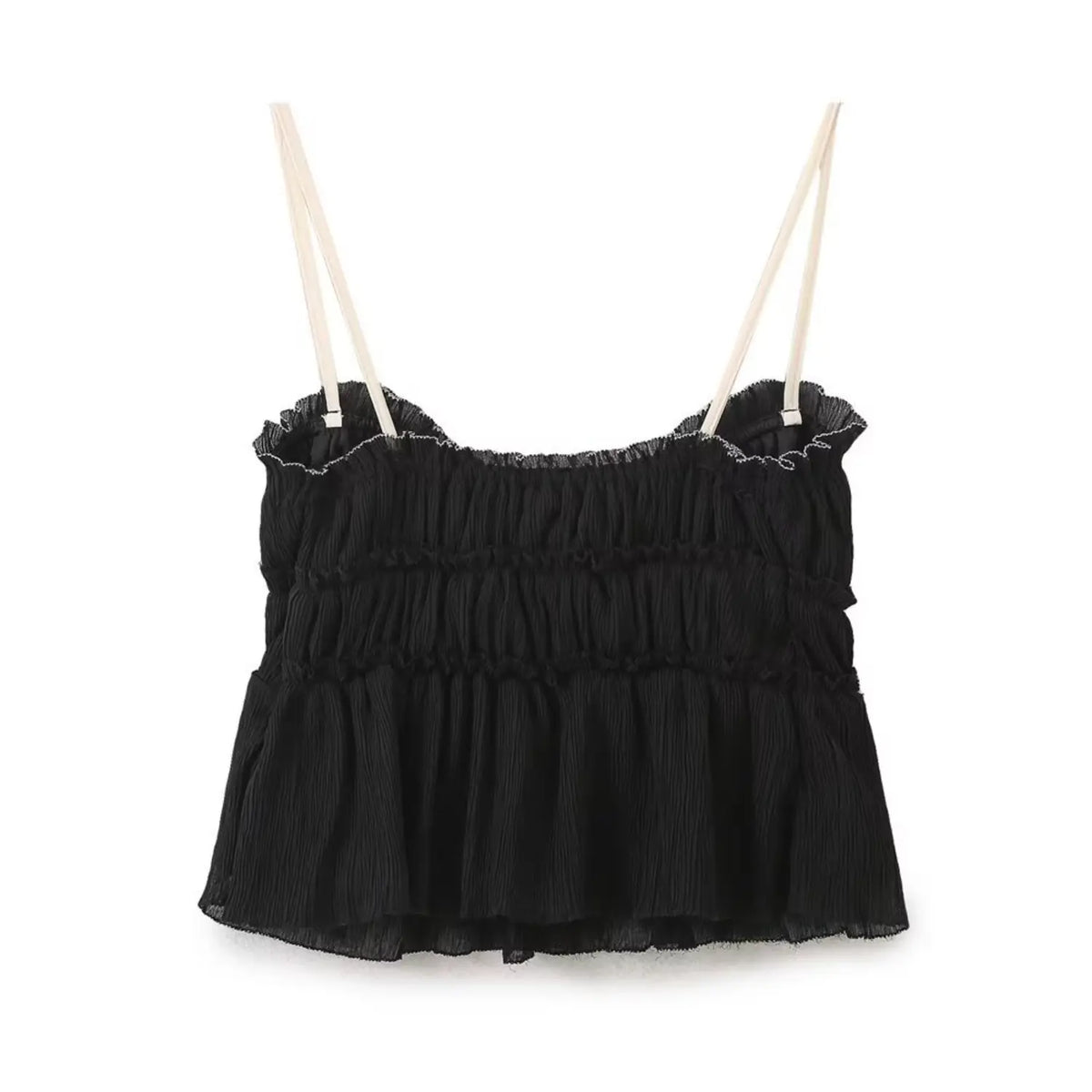 Back flat lay of black bow smocked ruffle cami top