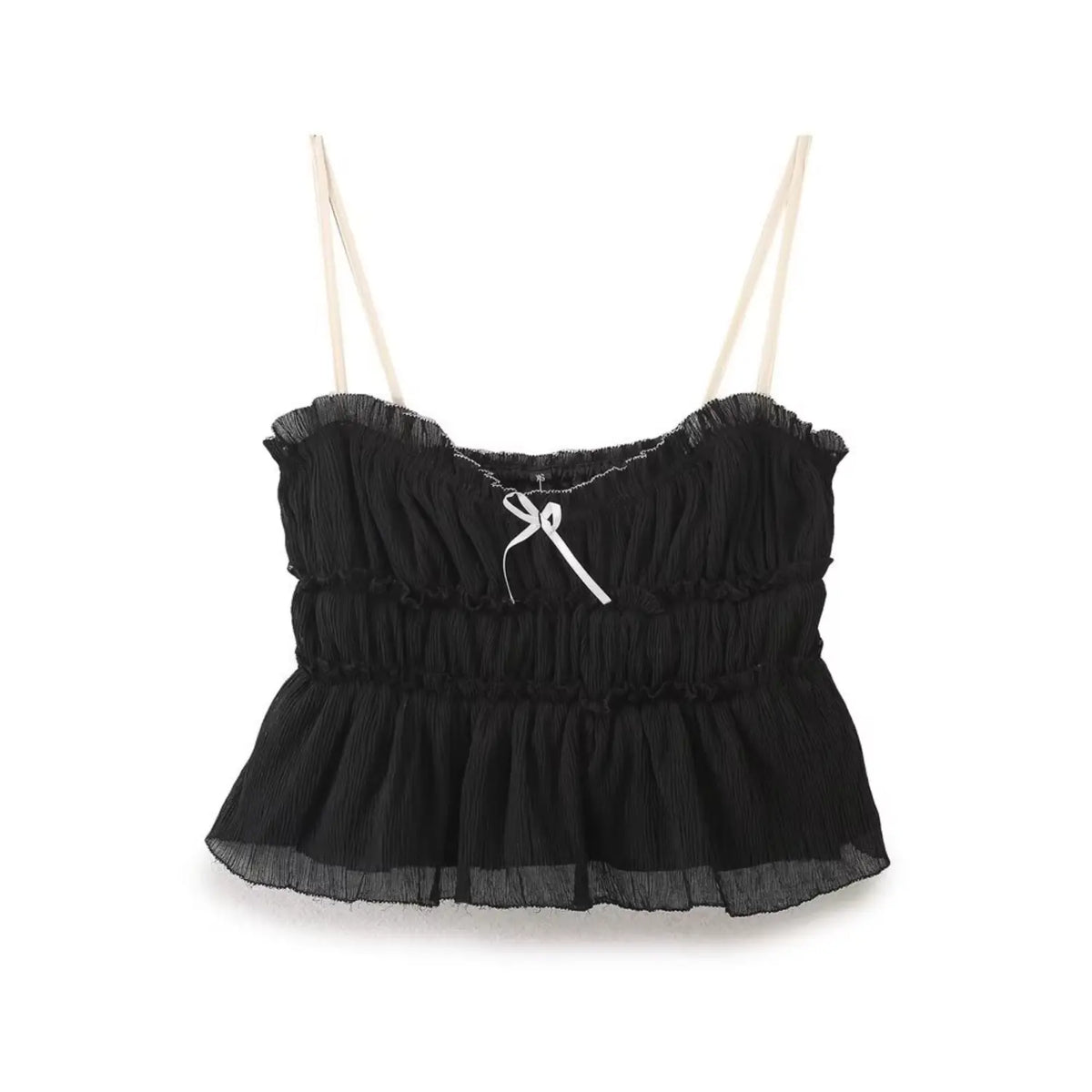 Front flat lay of black bow smocked ruffle cami top