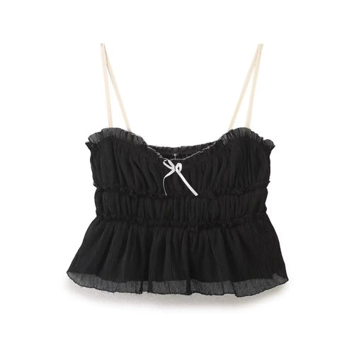 Front flat lay of black bow smocked ruffle cami top