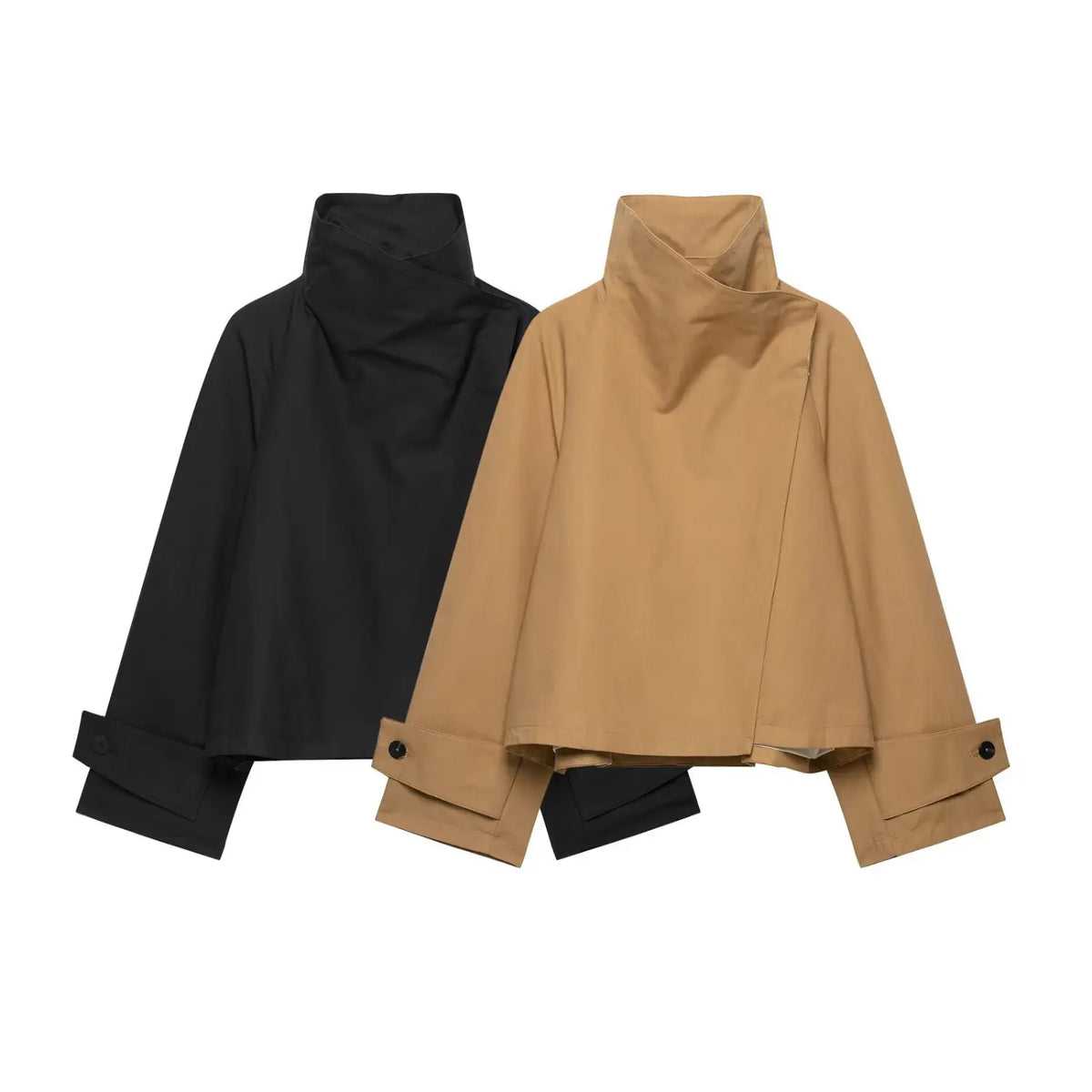 Black and camel women short jacket with asymmetric wrap high collar, two color flat lay on white background