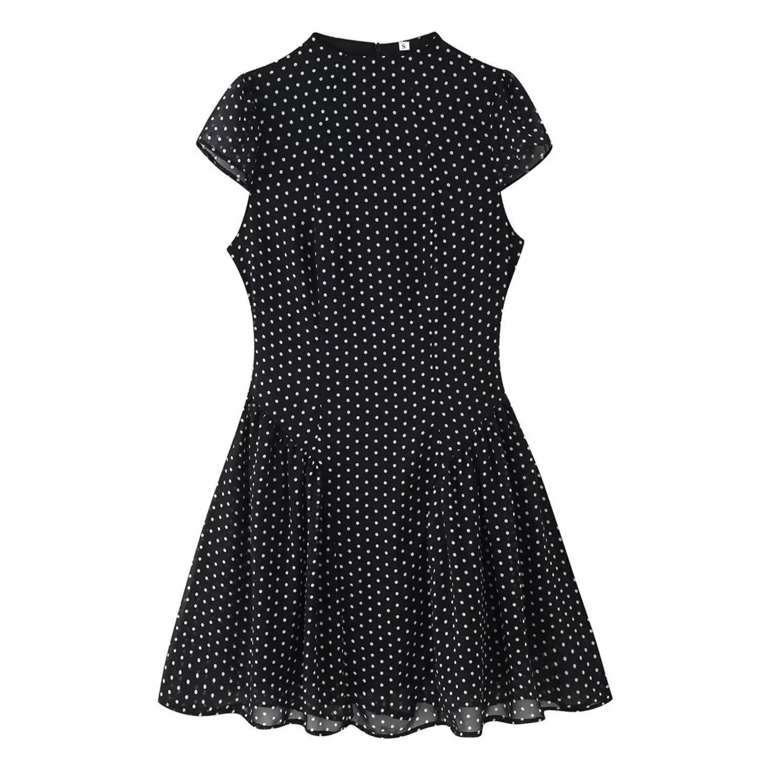 Full front white background shot, black chiffon fitted mini dress with stand collar, cap sleeves and polka dot print