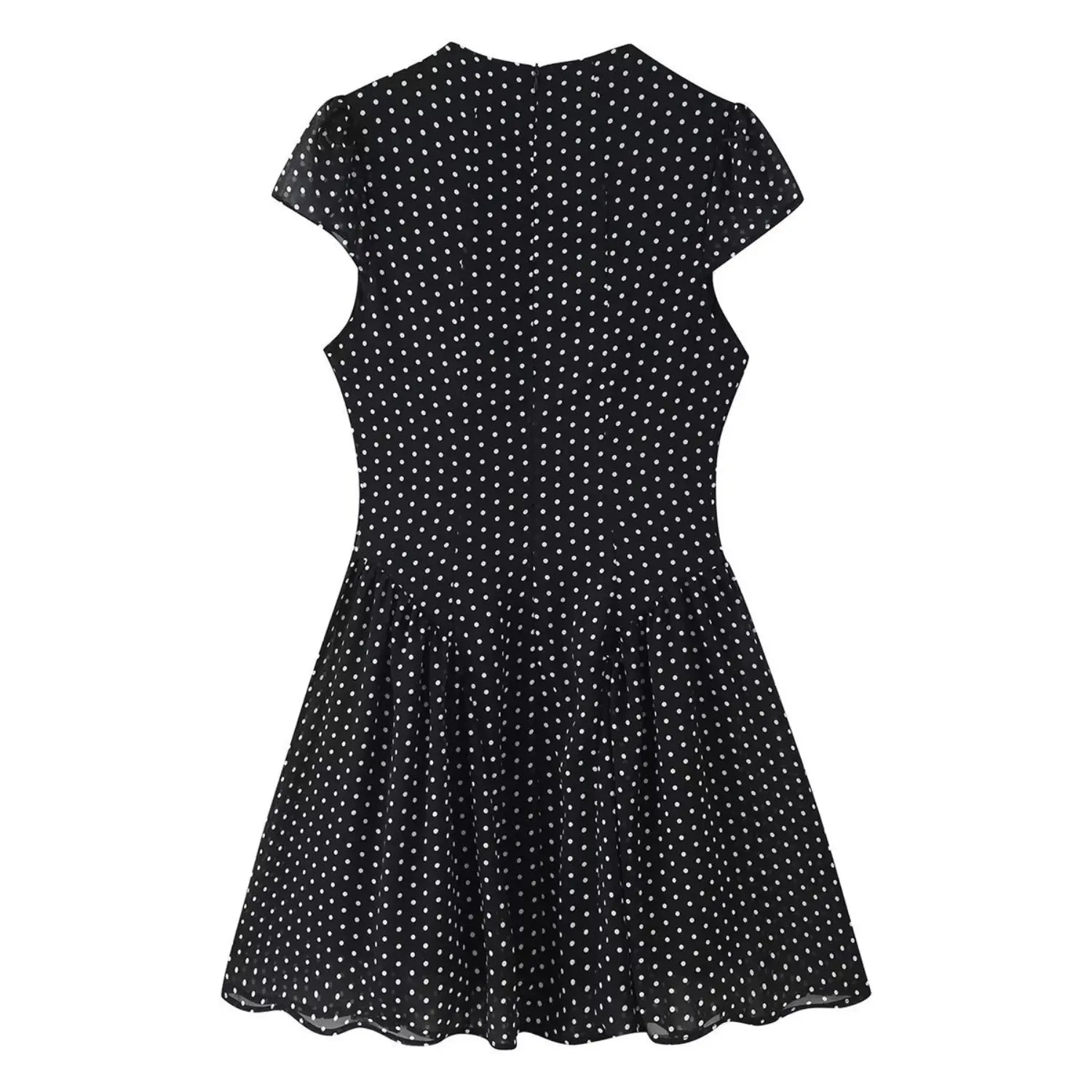Full back white background shot, black chiffon fitted mini dress with stand collar and invisible back zipper

