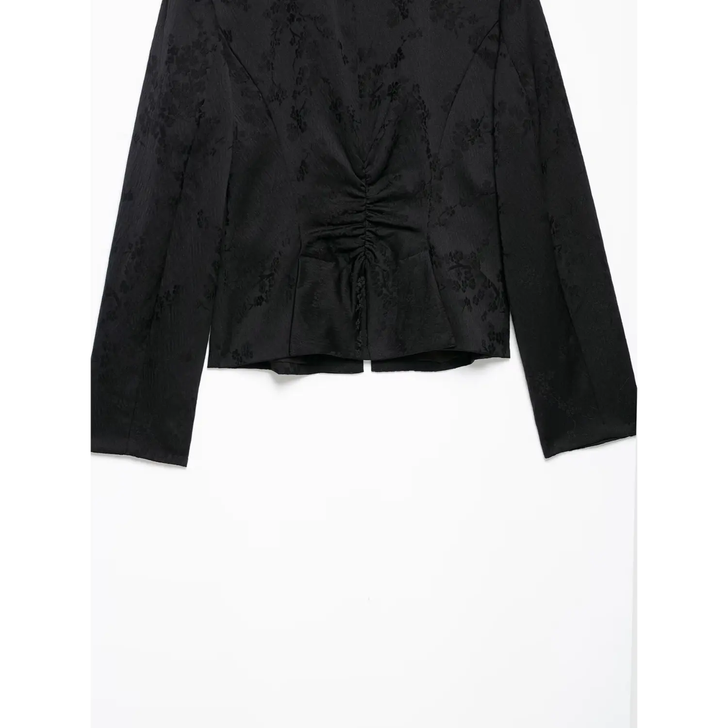 Full back view of black new chinese cropped jacket, back ruched waist detail, long sleeves, floral jacquard fabric, isolated white background