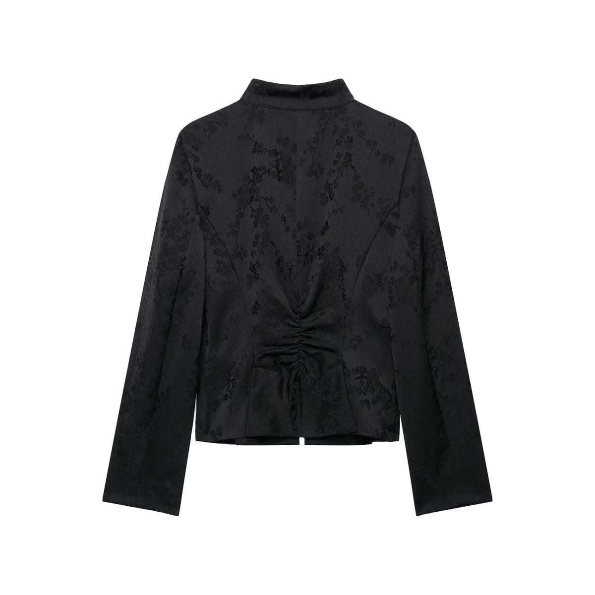 Black new chinese cropped jacket back view, ruched detail at back waist, floral jacquard texture, long sleeve, isolated white background