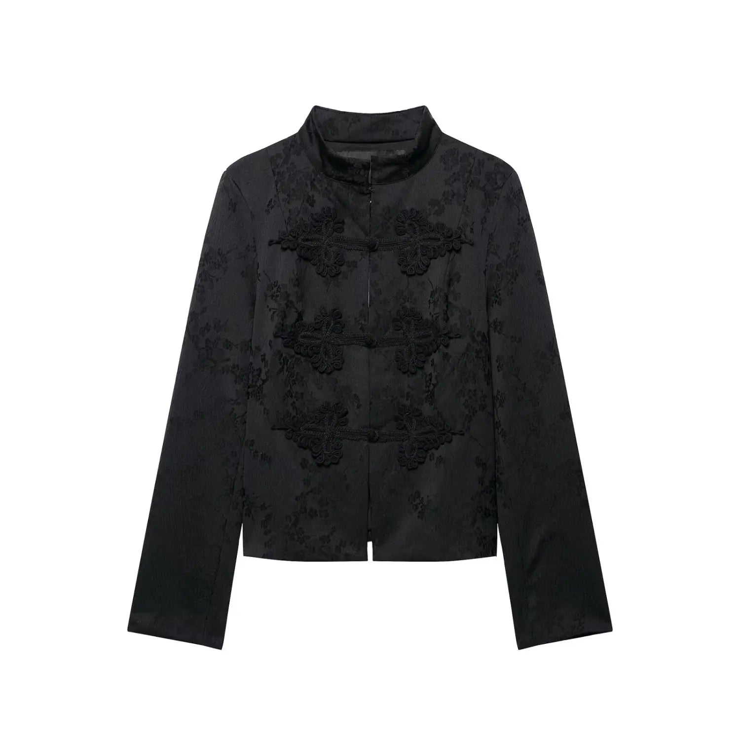 Black new chinese style cropped jacket, mandarin collar, decorative chinese frog buttons, jacquard fabric, front view, white background
