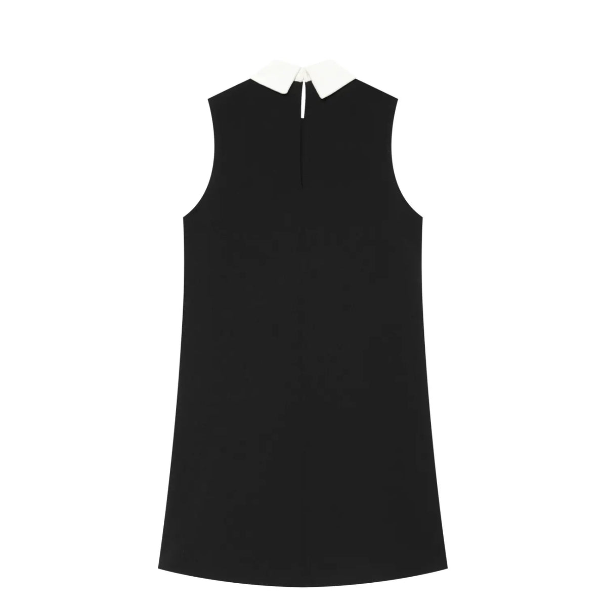 Back flat lay of black contrast collar gold button sleeveless shift mini dress