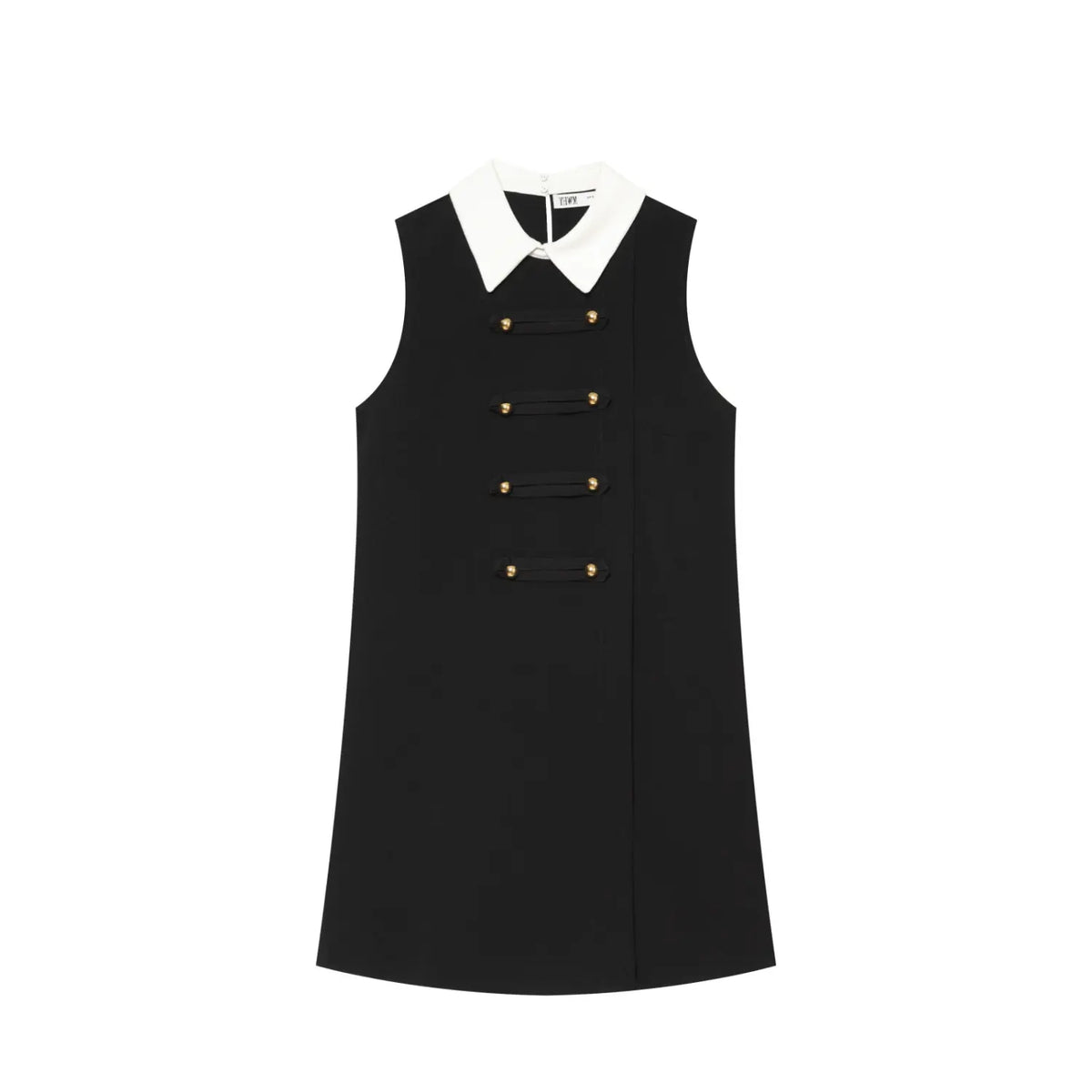 Front flat lay of black contrast collar gold button sleeveless shift mini dress