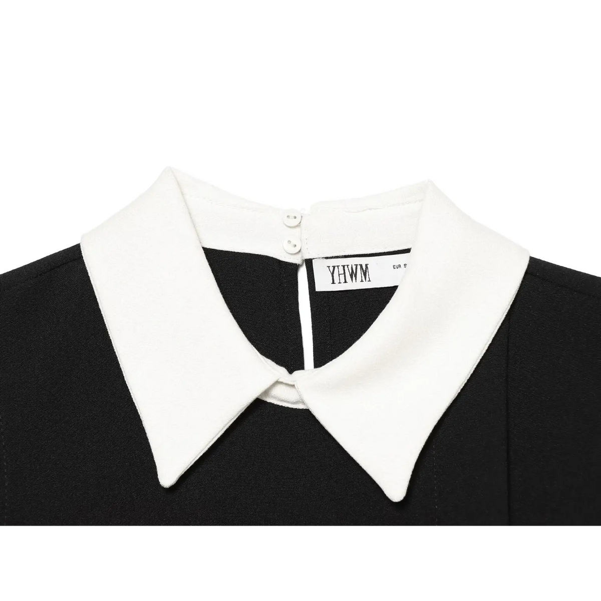 Close-up of white collar, back neck buttons and inner label