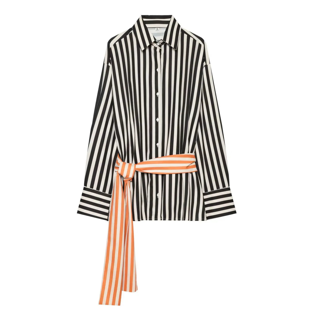 Flat‑lay front view of black cream vertical striped oversized shirt, collared button‑down, long sleeve, matching orange‑cream striped wrap tie belt