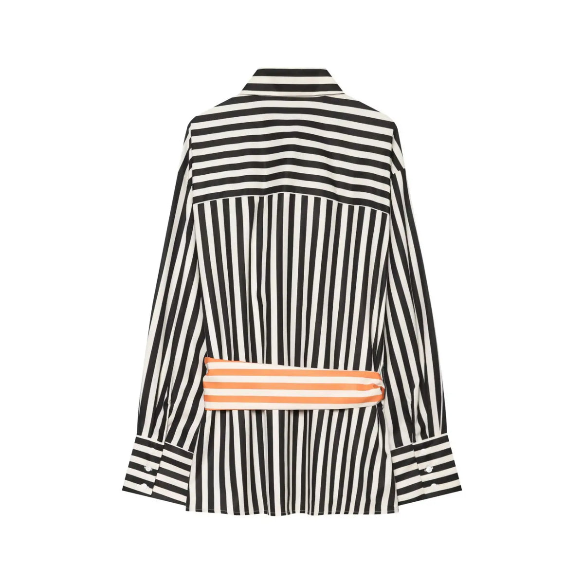 Flat‑lay back view of black cream vertical stripe shirt, horizontal stripe yoke panel, long sleeves, orange‑cream striped wrap belt at waist
