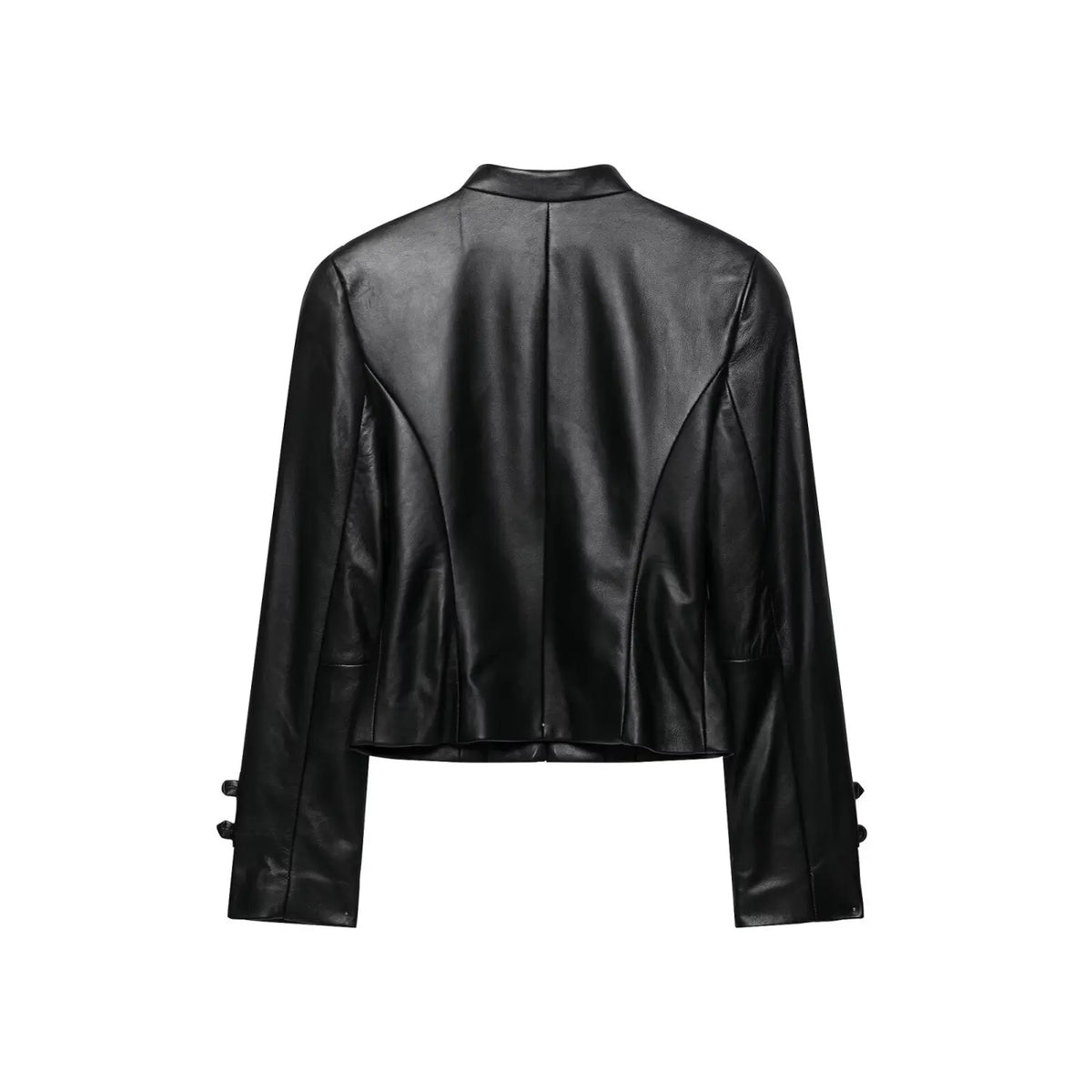 Women black cropped leather jacket, back view, tailored seamed design, vintage outerwear