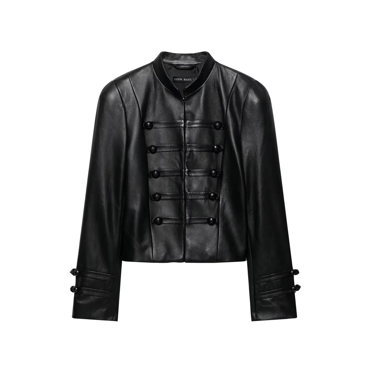 Women black cropped leather jacket, front full view, mandarin collar with decorative double row buttons