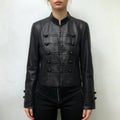 Model wearing black mandarin collar cropped leather jacket, full front styling look