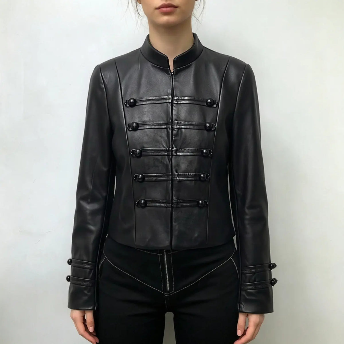 Model wearing black mandarin collar cropped leather jacket, full front styling look