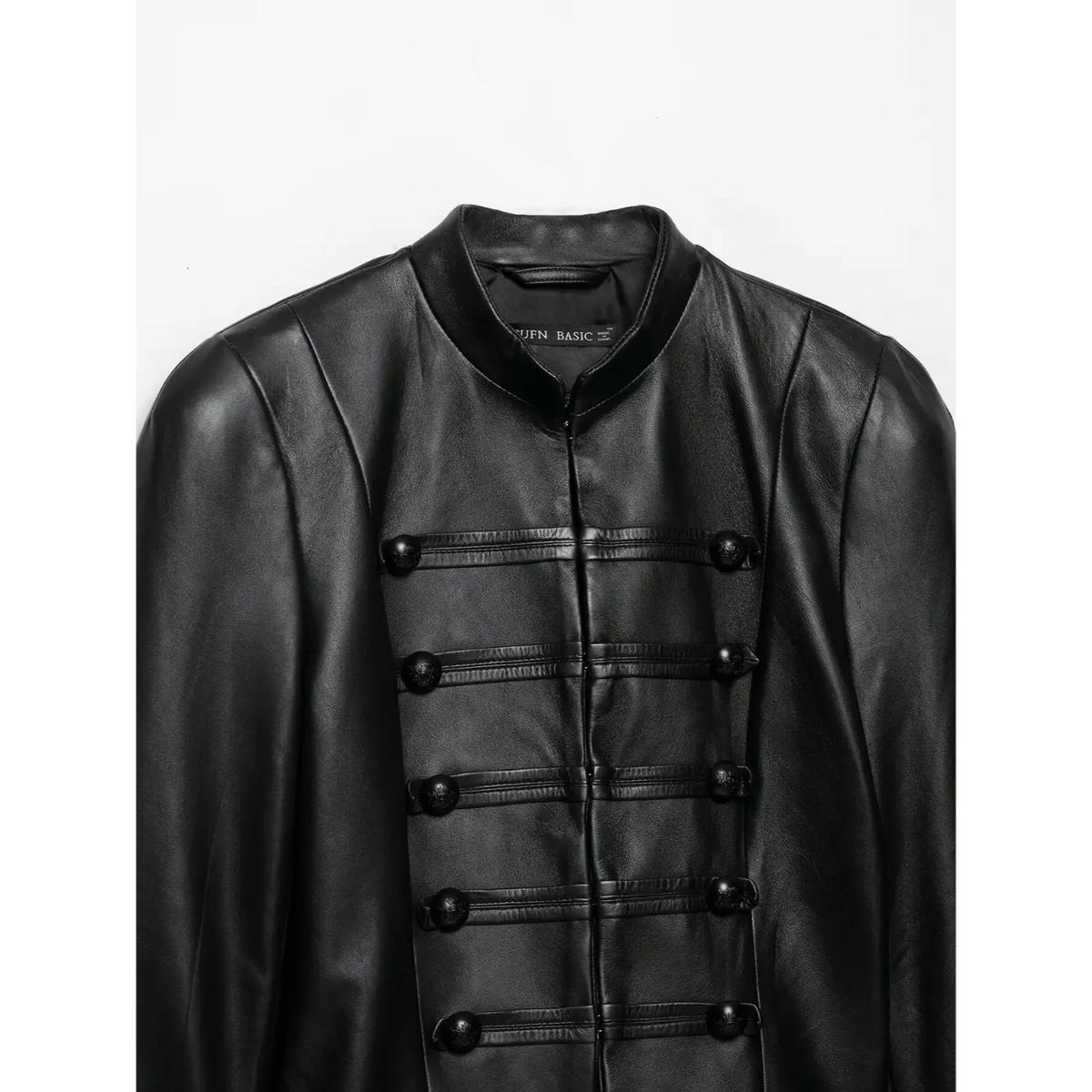 Mandarin collar and front button detail shot of women black cropped leather jacket