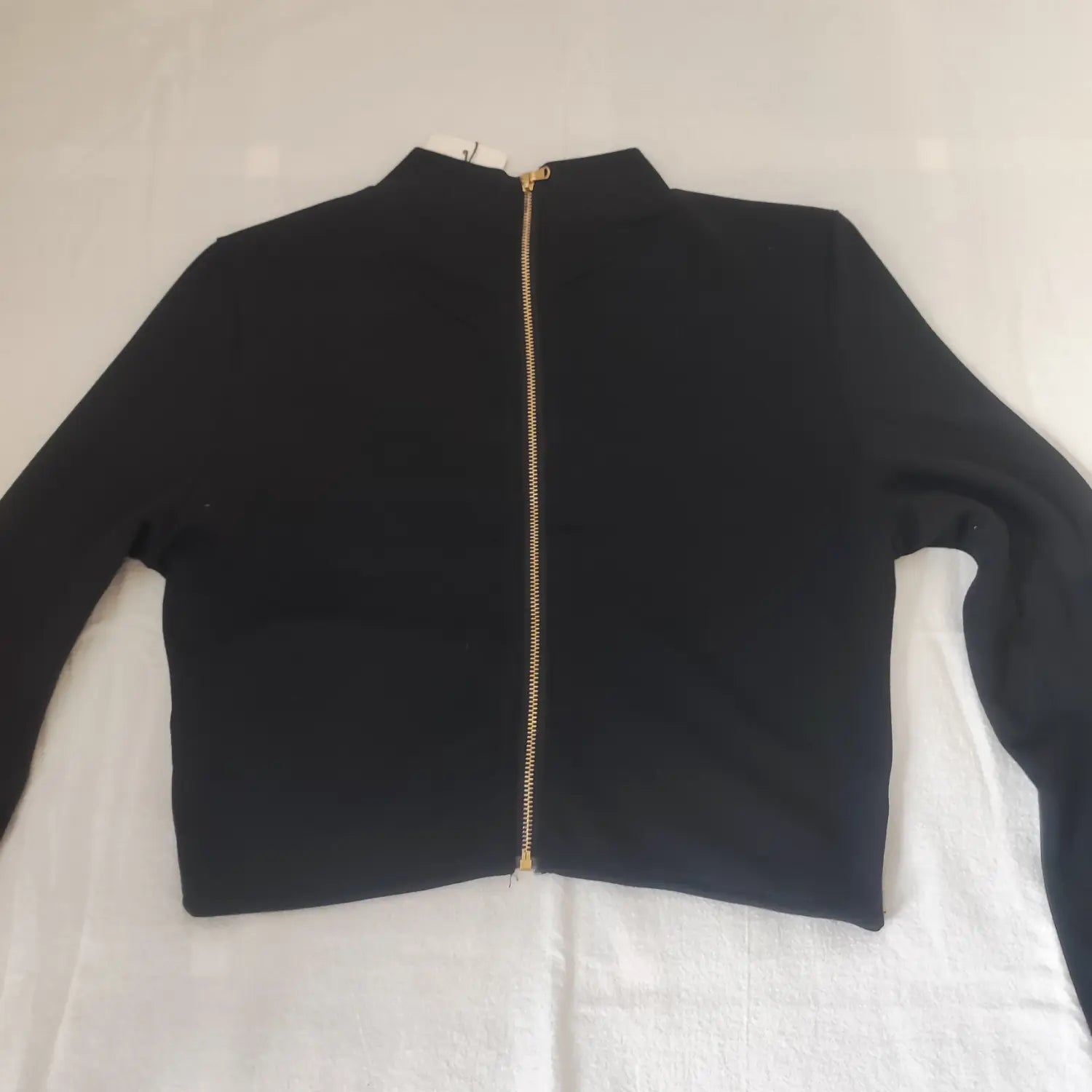  Flat lay back view black cropped long sleeve top full length gold zipper