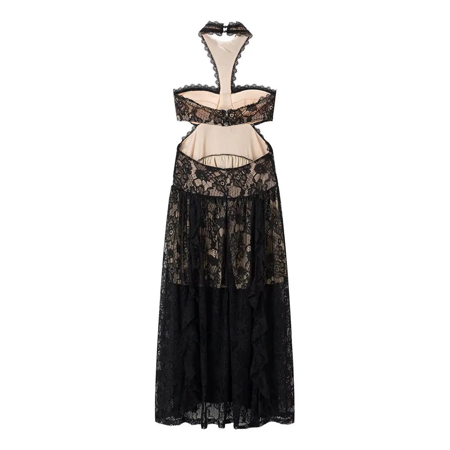 Black cutout lace maxi dress full back white background flat lay, central invisible zipper double waist hollow halter button nude lining slim fit back overview shot