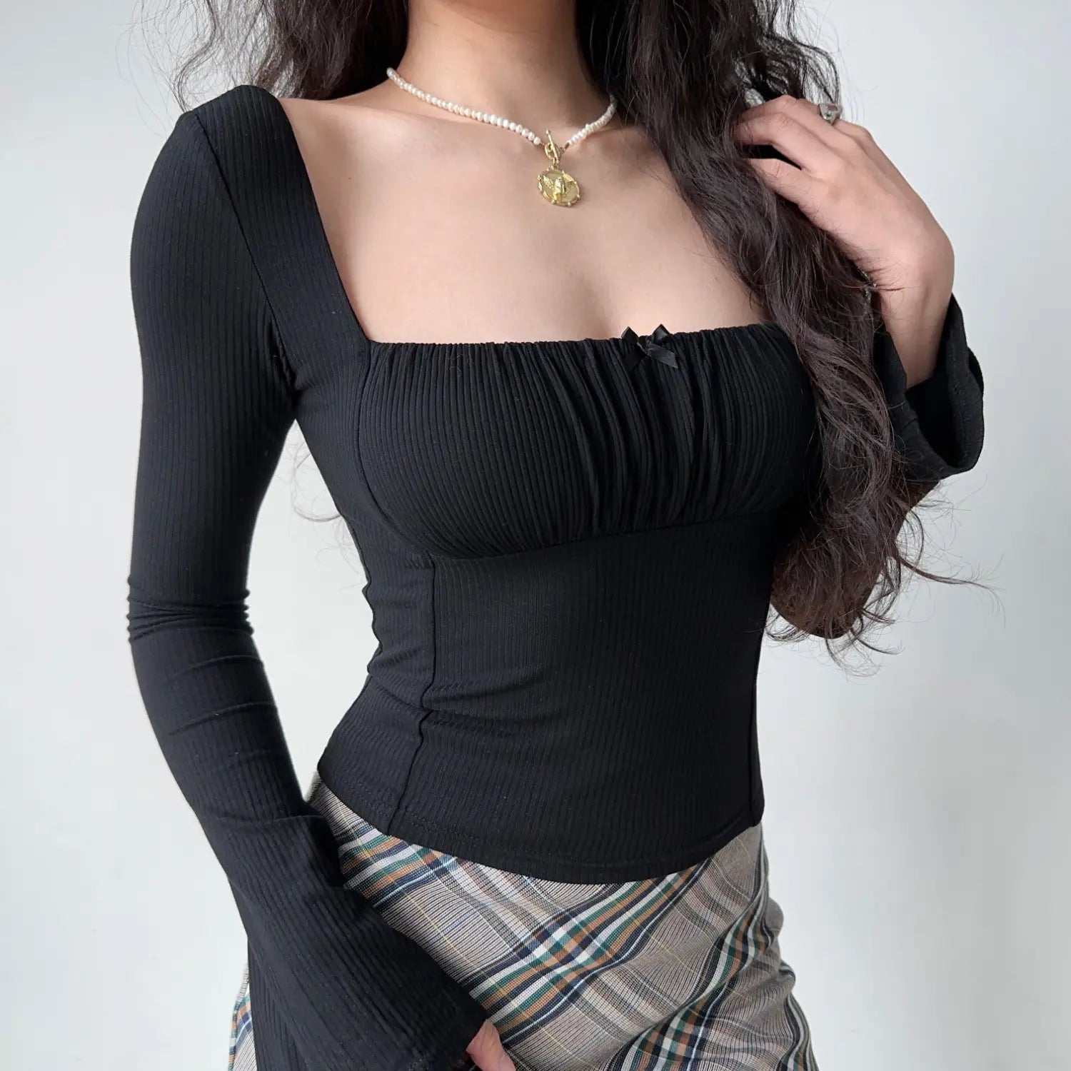 Deep square neck black ribbed cropped blouse, flare cuff long sleeve waist shaping slim y2k women everyday fitted top