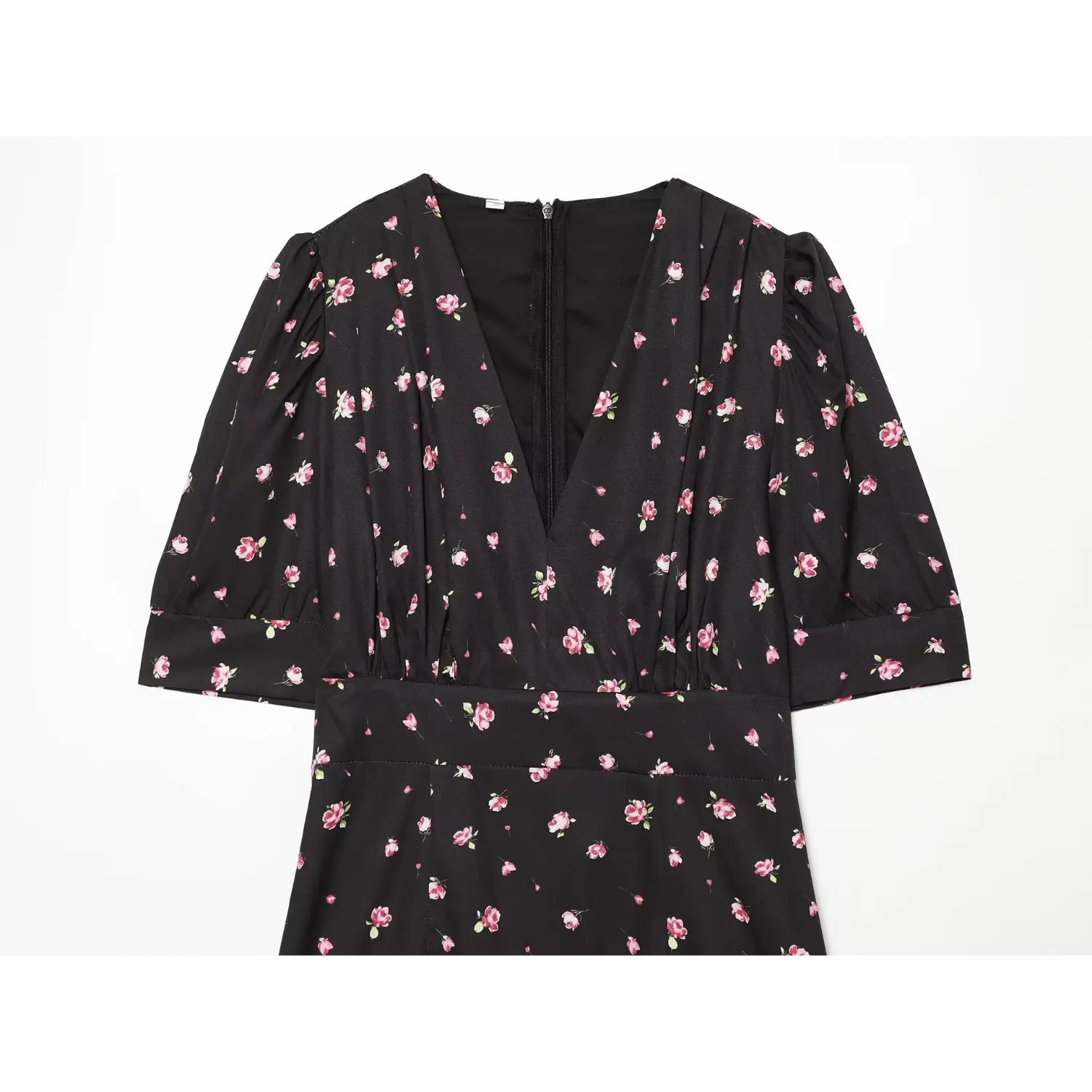 Close-up V-neck pleated bodice detail of black pink floral mini dress with elbow puff sleeves