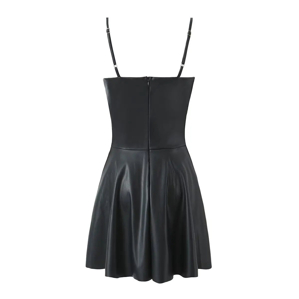 Black faux-leather mini dress with a bustier-style bodice, spaghetti straps, and flared skirt, back view flat lay on white background.